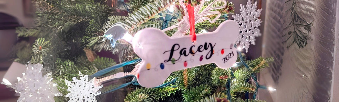 Christmas Ornament honoring Pet with Bone tree hanger personalized with name