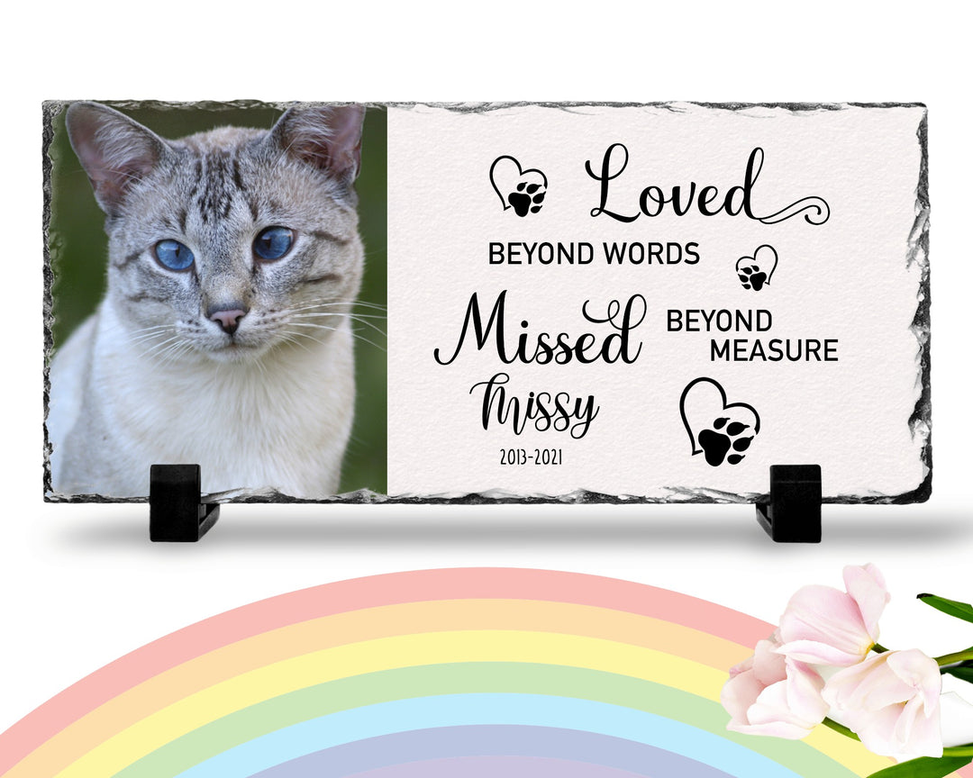 Personalized Cat Memorial Plaque   Loved Beyond Words Missed Beyond Measure  Personalized Picture Keepsake Memorial Slates