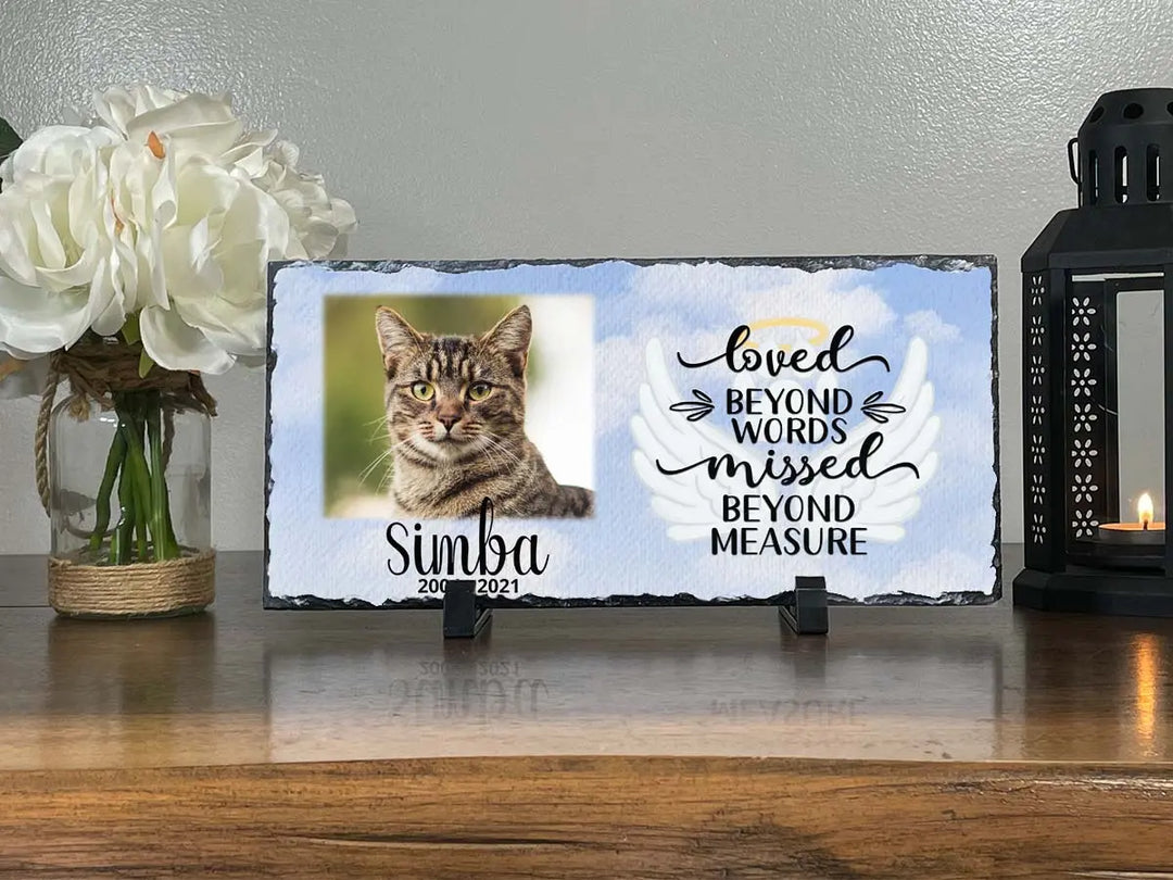Personalized Cat Memorial Plaque   Loved Beyond Words Missed Beyond Measure  Personalized Picture Keepsake Memorial Slates