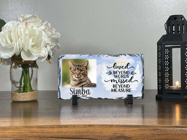 Personalized Cat Memorial Plaque   Loved Beyond Words Missed Beyond Measure  Personalized Picture Keepsake Memorial Slates