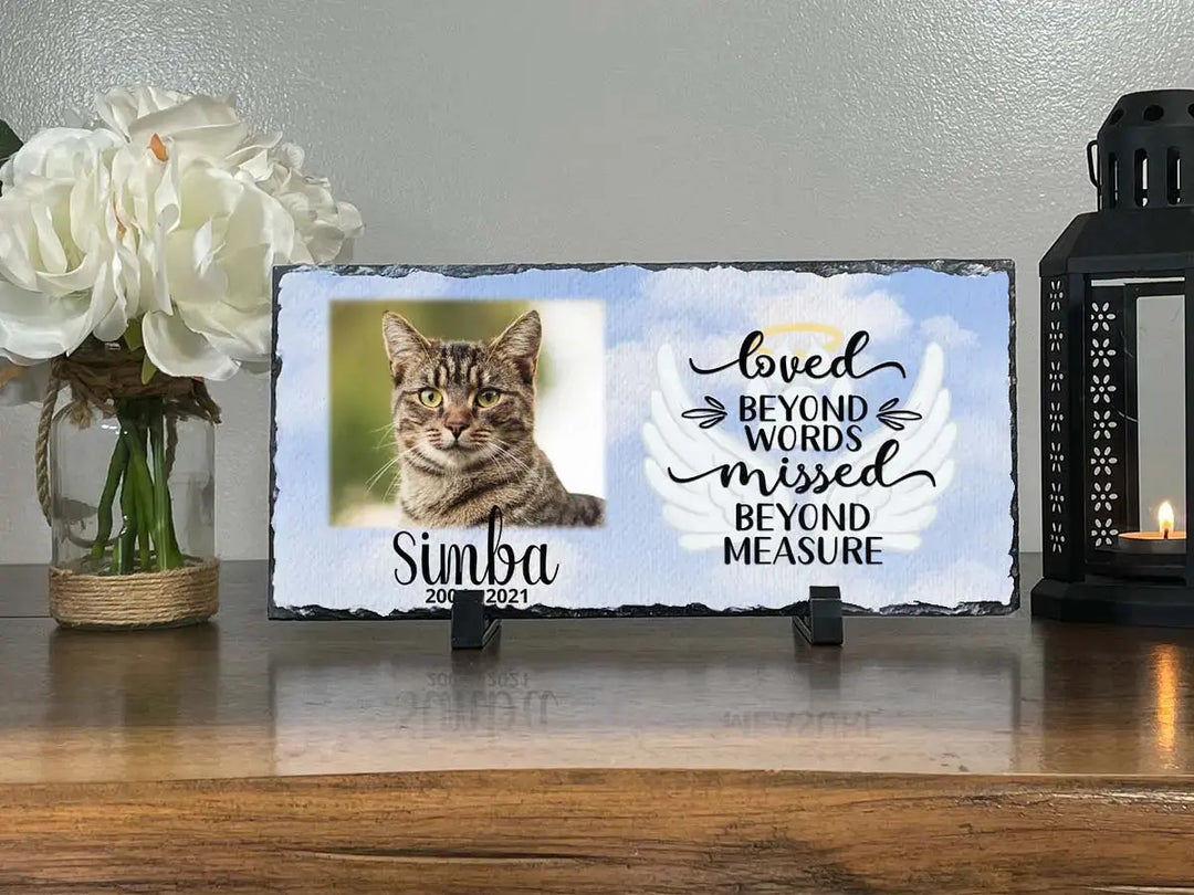 Personalized Cat Memorial Plaque   Loved Beyond Words Missed Beyond Measure  Personalized Picture Keepsake Memorial Slates