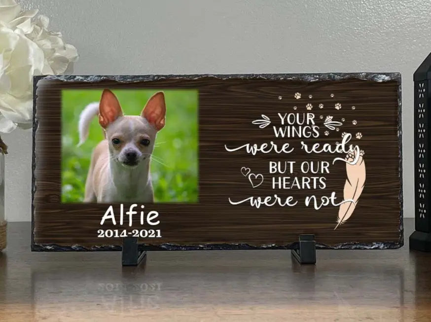 Personalized Dog Memorial Plaque   Your wings were but our hearts were not  Personalized Picture Keepsake Memorial Slates