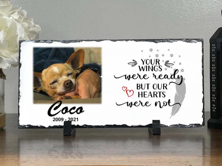 Personalized Dog Memorial Plaque   Your wings were but our hearts were not  Personalized Picture Keepsake Memorial Slates