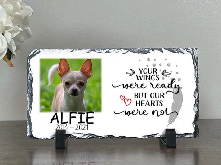 Personalized Dog Memorial Plaque   Your wings were but our hearts were not  Personalized Picture Keepsake Memorial Slates