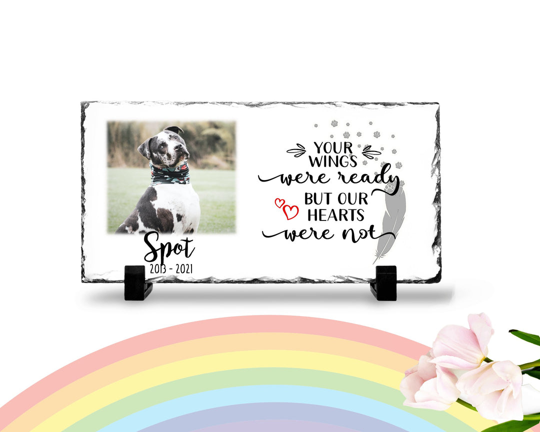 Personalized Dog Memorial Plaque   Your wings were but our hearts were not  Personalized Picture Keepsake Memorial Slates