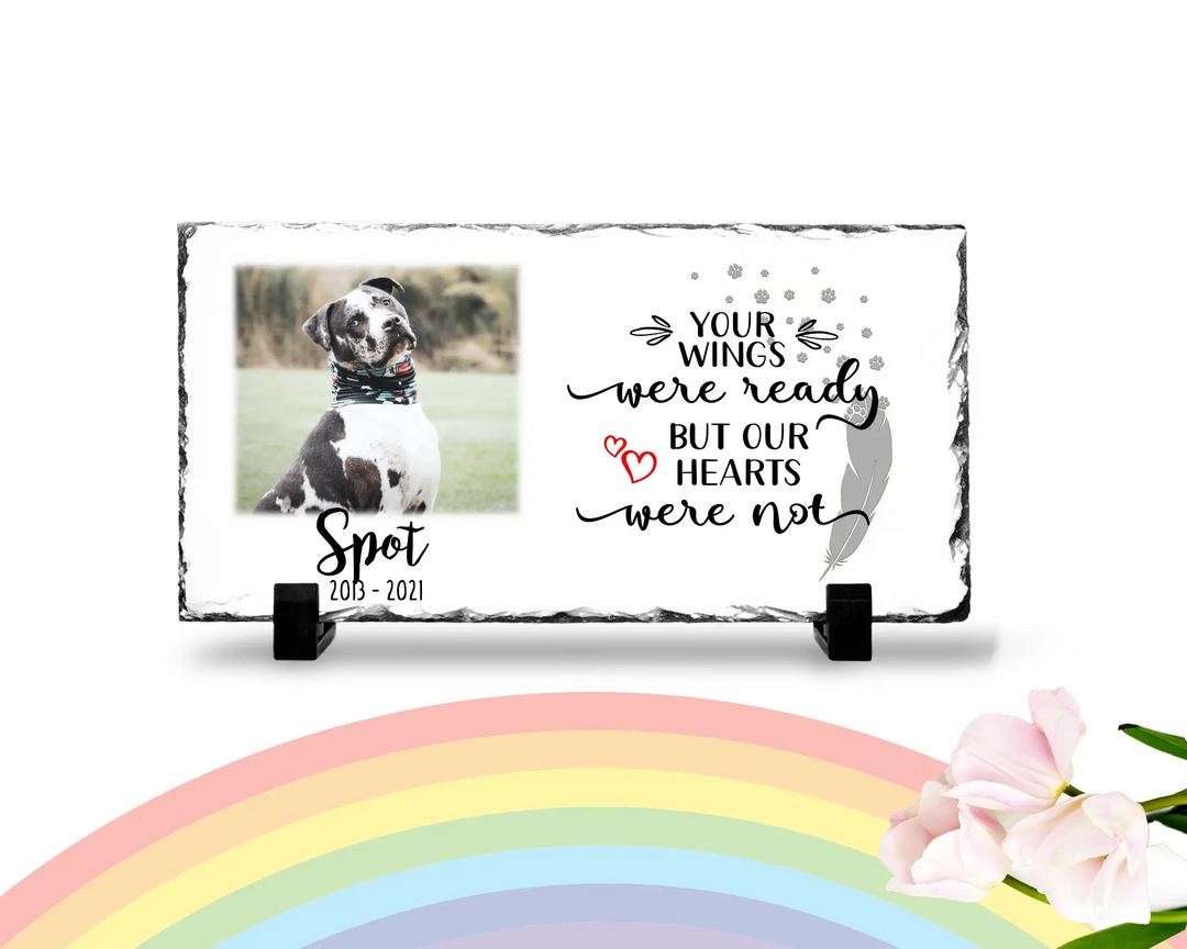 Personalized Dog Memorial Plaque   Your wings were but our hearts were not  Personalized Picture Keepsake Memorial Slates