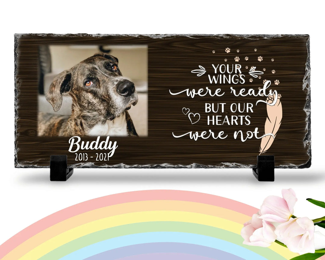 Personalized Dog Memorial Plaque   Your wings were but our hearts were not  Personalized Picture Keepsake Memorial Slates
