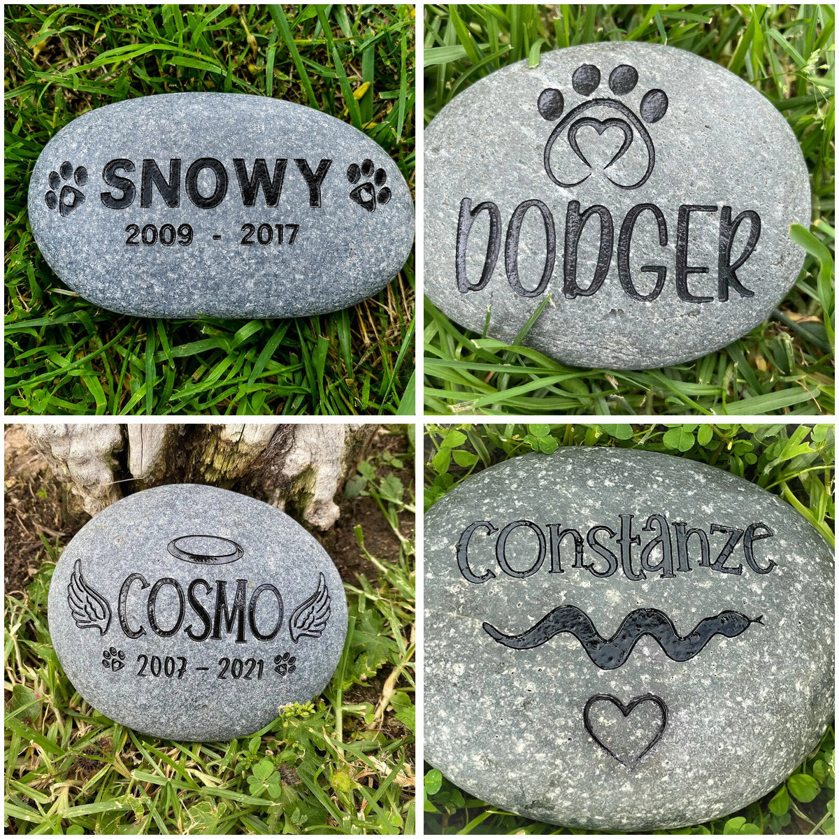 Four personalized engraved natural river rock pet grave markers