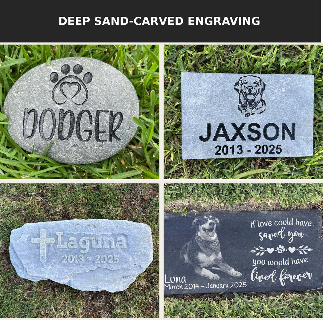 Extreme weather pet memorials in river rock, bluestone, Idaho Silver and black granite with deep sand-carved engraving