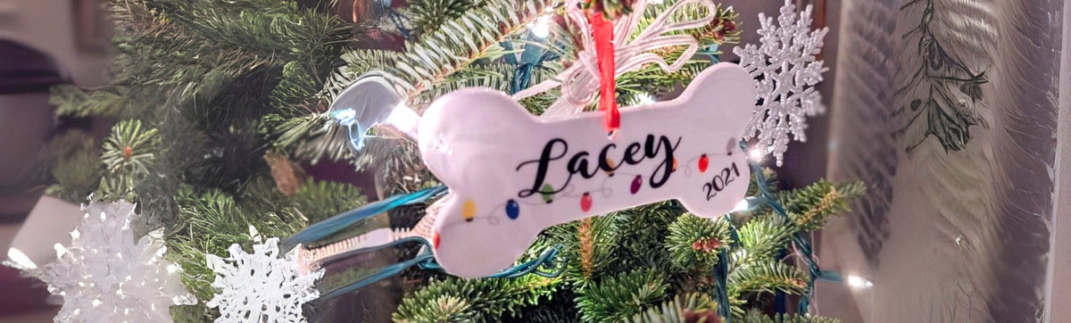 Christmas Ornament honoring Pet with Bone tree hanger personalized with name