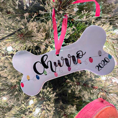 Christmas Ornament honoring Pet with Bone tree hanger personalized with name
