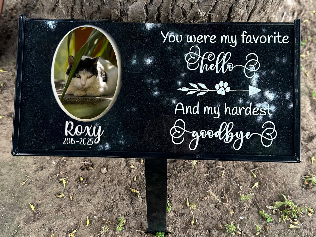 Outdoor color cat memorial stake with You Were My Favorite Hello inscription