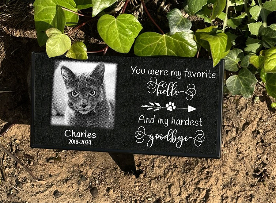 12 x 6 black granite cat memorial stake with You Were My Favorite Hello inscription