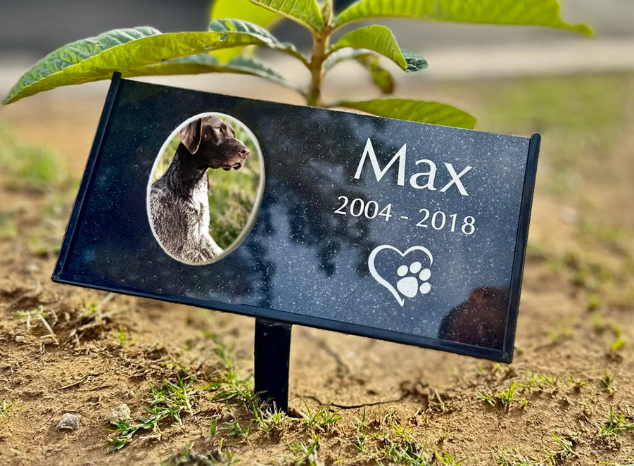 12 x 6 black granite dog memorial stake with kiln-fired color portrait