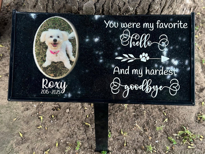 Kiln-fired color porcelain photo example — Personalized Granite Pet Memorial Plaque Outdoor Stake - You Were My Favorite Hello; outdoor stake