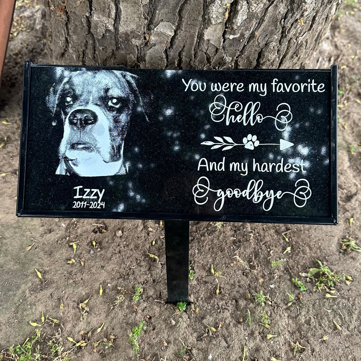 Personalized granite pet memorial stake with You Were My Favorite Hello inscription