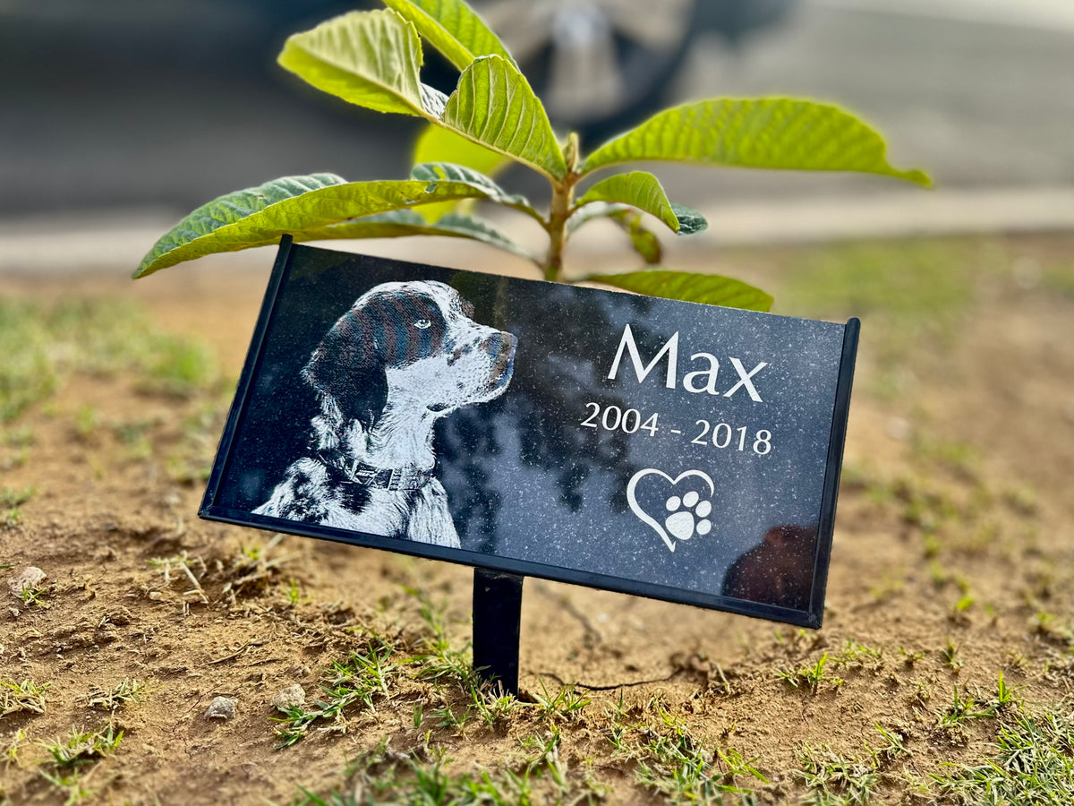 Simple black granite pet memorial plaque mounted on a garden stake
