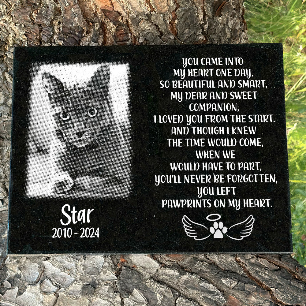 Outdoor black granite cat memorial with You Left Paw Prints on My Heart inscription