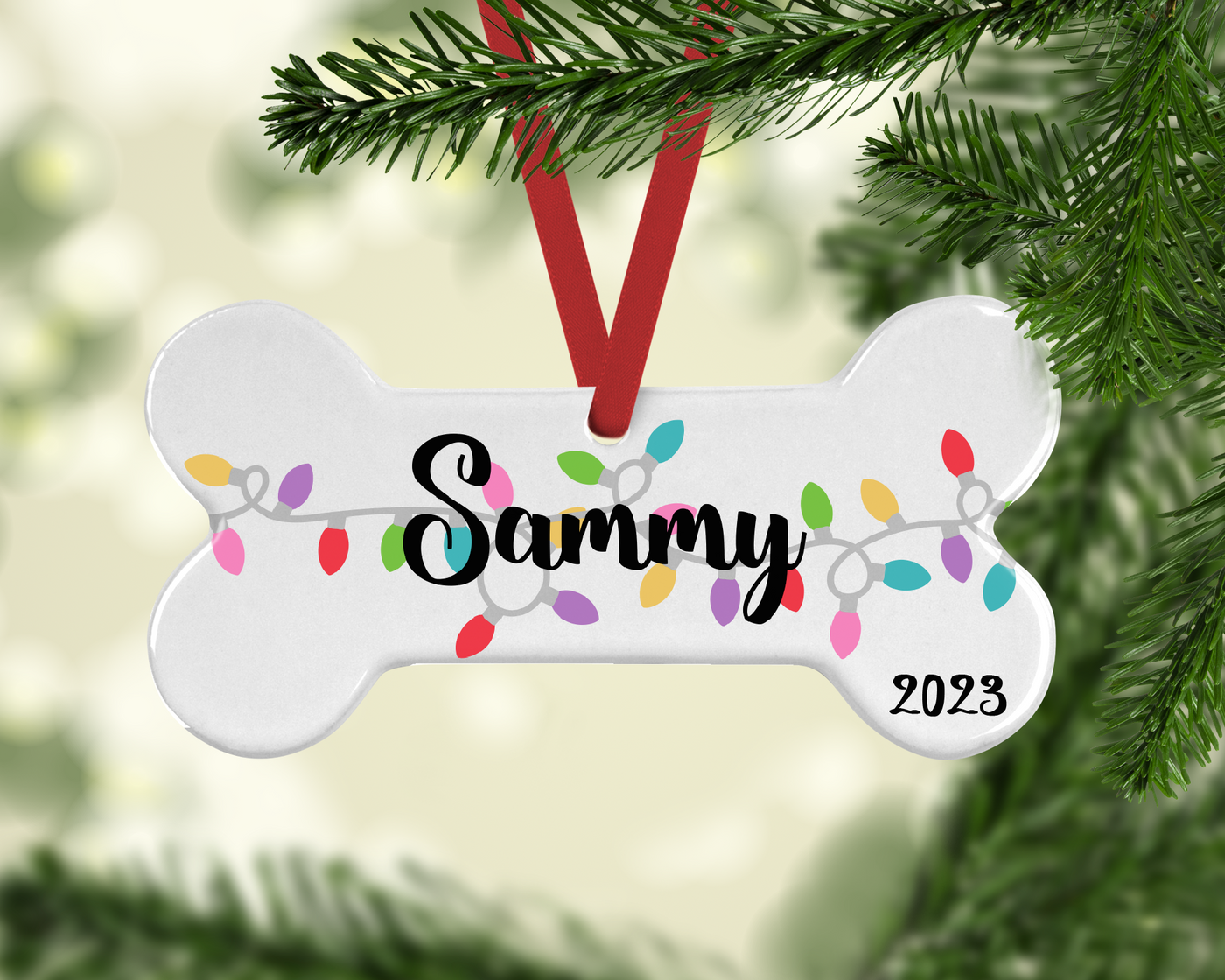 Dog's First Christmas Ornament, Personalized holiday ornament Bone shape String lights