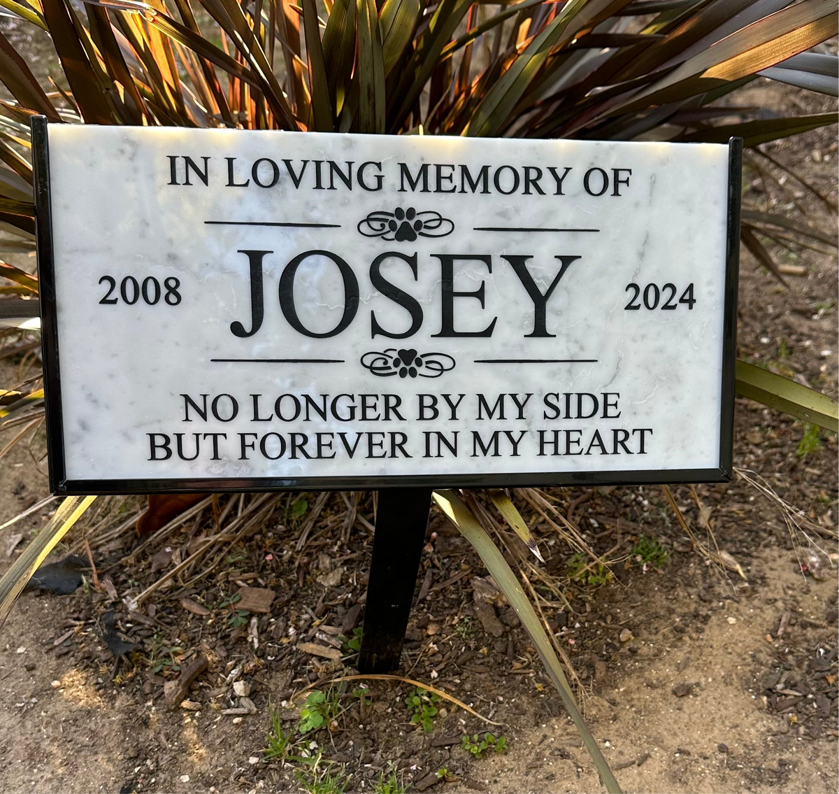Customer example of an engraved white marble pet grave marker