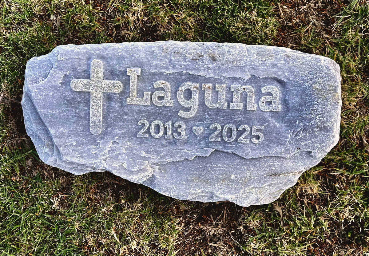 Close-up of raised lettering carved into Idaho Silver quartzite flagstone