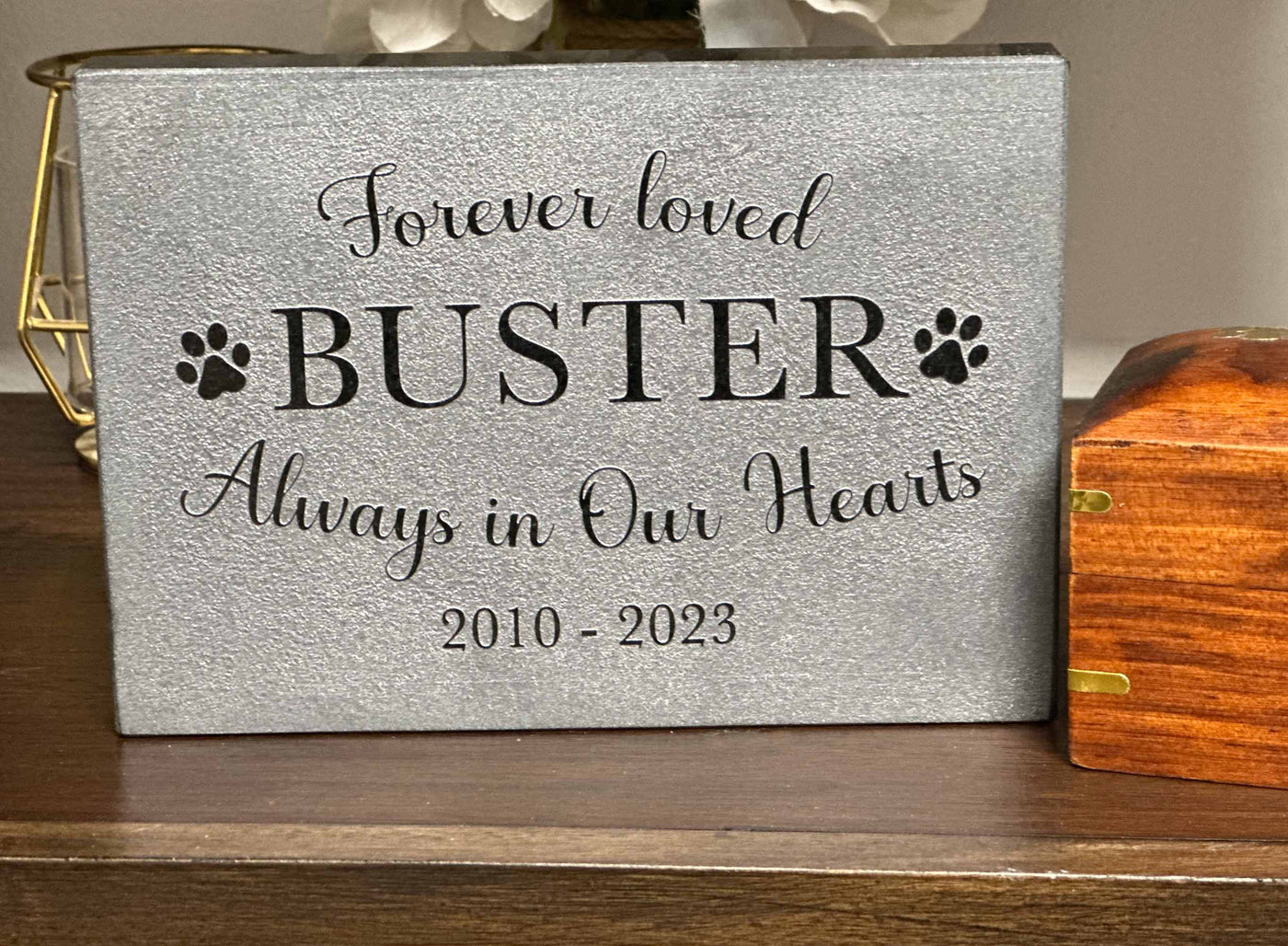 Personalized engraved black granite dog grave marker with portrait
