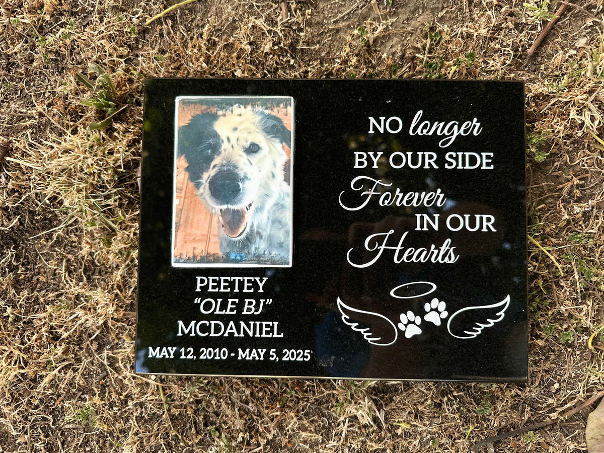 Personalized polished granite pet memorial displayed outdoors