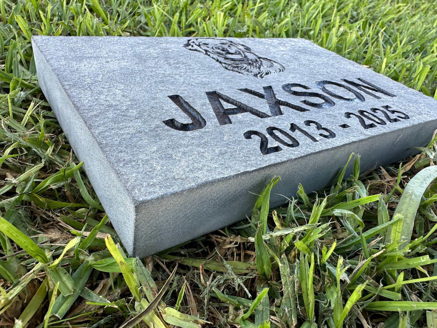 Customer bluestone pet memorial with deep sand-carved engraving