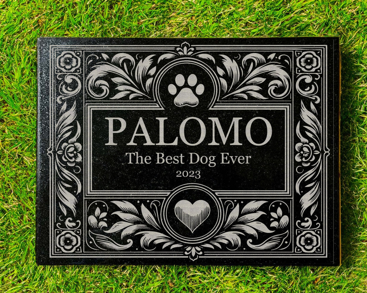 Elegant 5 x 7 black granite pet memorial with personalized portrait