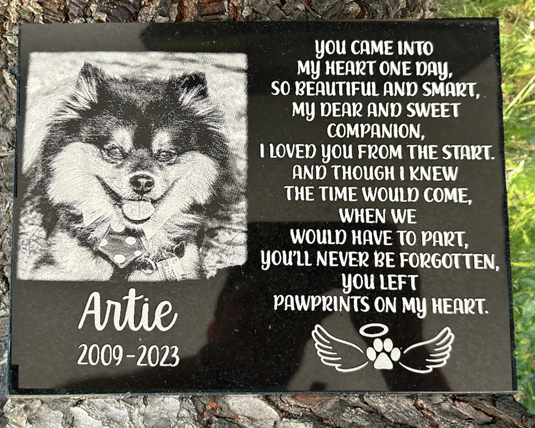 Black granite dog memorial marker with portrait and paw-print tribute