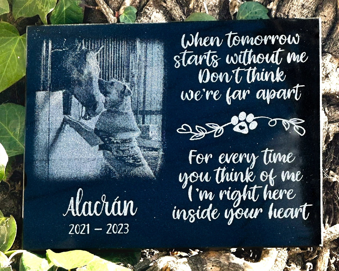 Personalized black granite dog memorial plaque with photo and “When Tomorrow Starts Without Me”