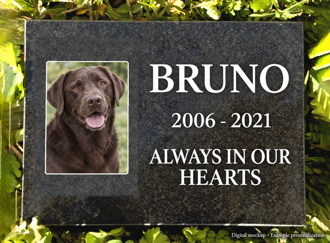 Outdoor Personalized Pet Memorial Plaque always in our hearts Personalized Outdoor garden marker — kiln-fired rectangular porcelain color photo; digital mockup, example personalization.