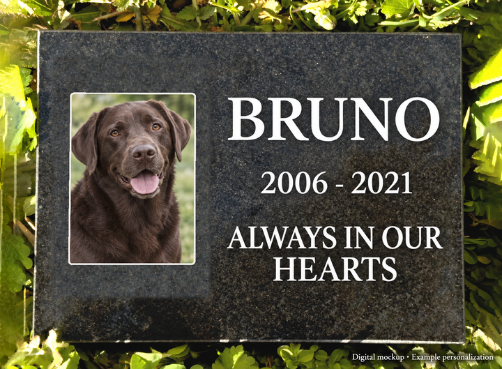 Outdoor Personalized Pet Memorial Plaque always in our hearts Personalized Outdoor garden marker — kiln-fired rectangular porcelain color photo; digital mockup, example personalization.
