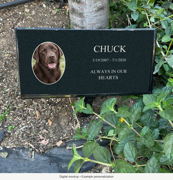 Digital mockup: Outdoor Personalized Pet Memorial Plaque always in our hearts Personalized Outdoor garden marker with 3 x 4 inch oval kiln-fired color porcelain; example personalization.