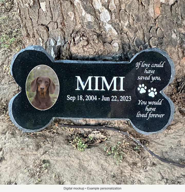 Digital mockup: Bone Shape Outdoor Pet Grave Marker Personalized Memorial Plaque Granite with 3 x 4 inch oval kiln-fired color porcelain; example personalization.