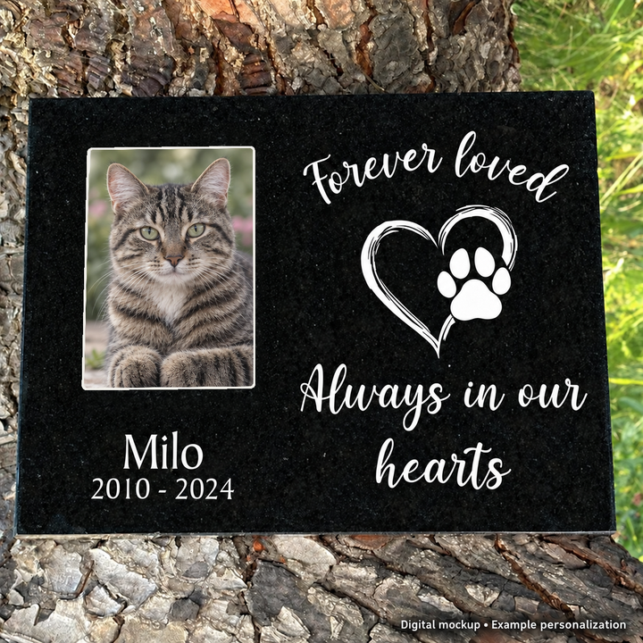 Cat Outdoor Granite Memorial Plaque Forever Loved Always in our hearts — kiln-fired rectangular porcelain color photo; digital mockup, example personalization.