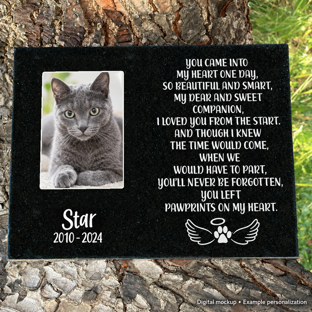 Personalized Outdoor Black Granite Cat Memorial Plaque – You Left Paw Prints — kiln-fired rectangular porcelain color photo; digital mockup, example personalization.