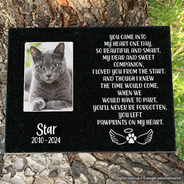Personalized Outdoor Black Granite Cat Memorial Plaque – You Left Paw Prints — kiln-fired rectangular porcelain color photo; digital mockup, example personalization.