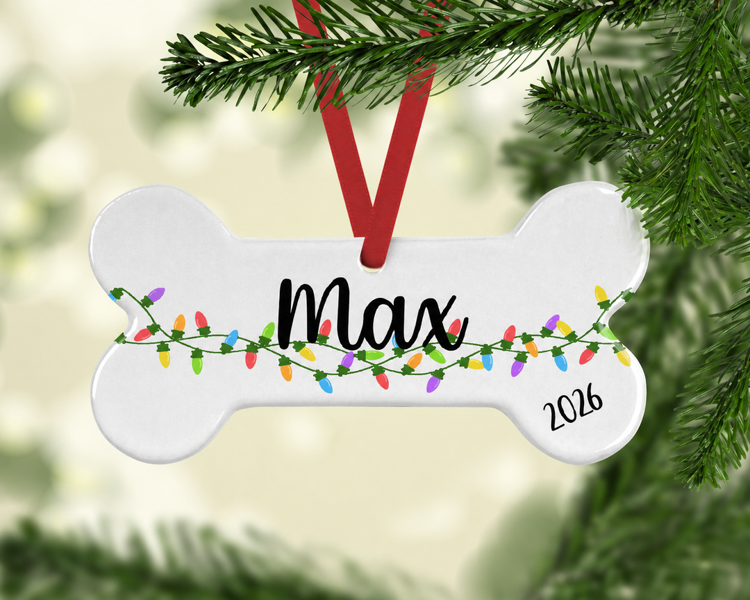 Personalized Christmas lights dog bone ornament with 2026 date