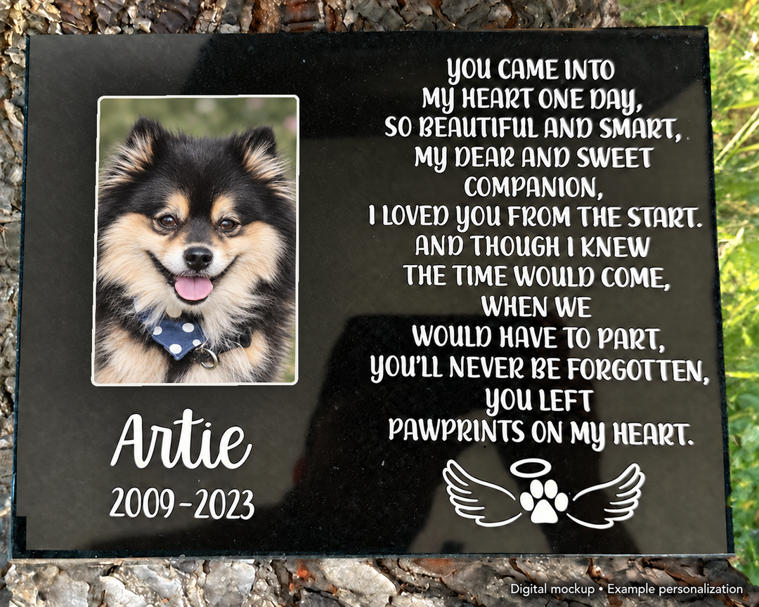 Outdoor Personalized Dog Memorial Plaque You Left Paw Prints on my Heart — kiln-fired rectangular porcelain color photo; digital mockup, example personalization.