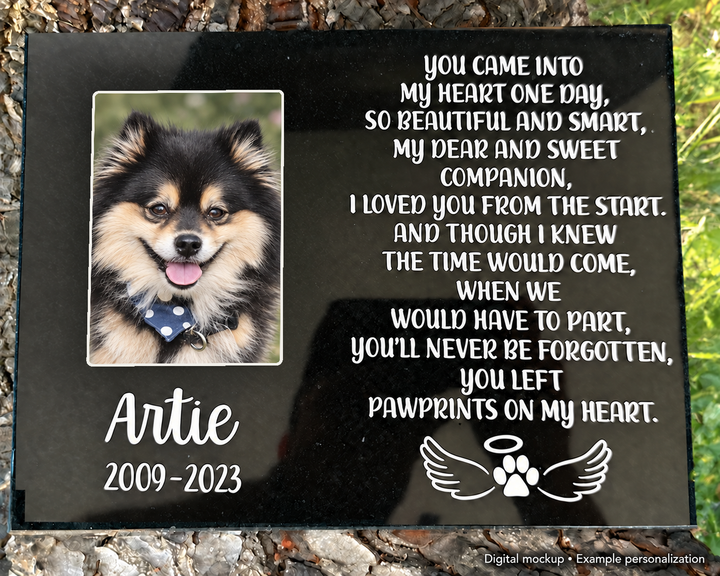 Outdoor Personalized Dog Memorial Plaque You Left Paw Prints on my Heart — kiln-fired rectangular porcelain color photo; digital mockup, example personalization.