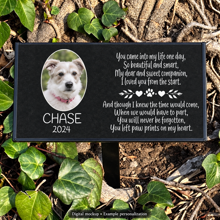 Digital mockup: Outdoor Personalized Dog Memorial Plaque You Left Paw Prints on my Heart with 3 x 4 inch oval kiln-fired color porcelain; example personalization.