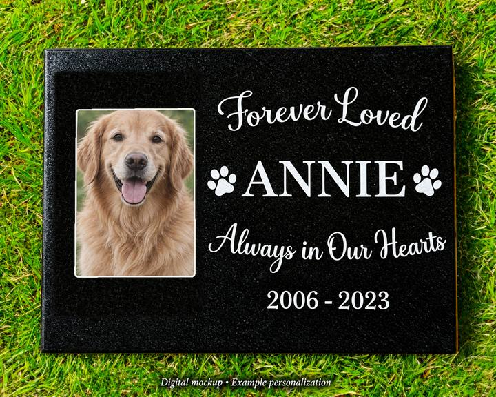 Outdoor Personalized Pet Memorial Plaque In Loving Memory garden marker — kiln-fired rectangular porcelain color photo; digital mockup, example personalization.