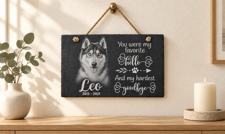 Personalized Laser Engraved Pet Memorial Hanging Slate with Photo