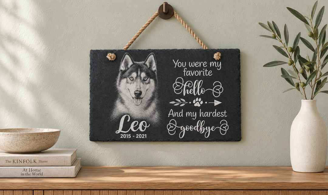 Personalized Laser Engraved Pet Memorial Hanging Slate with Photo