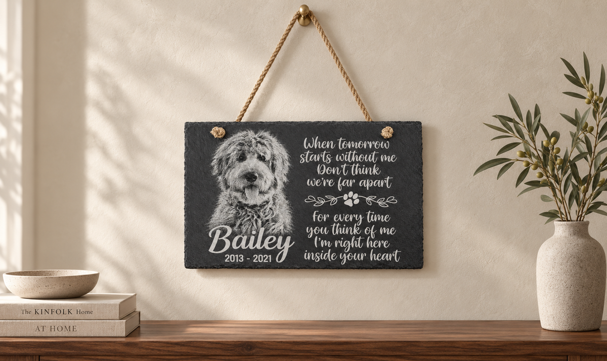Personalized Laser Engraved Pet Memorial Hanging Slate with Photo