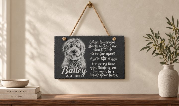 Personalized Laser Engraved Pet Memorial Hanging Slate with Photo