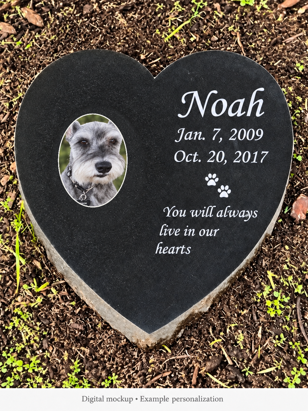 Heart Shape Outdoor Pet Grave marker Personalized Memorial Plaque — kiln-fired oval porcelain color photo; digital mockup, example personalization.