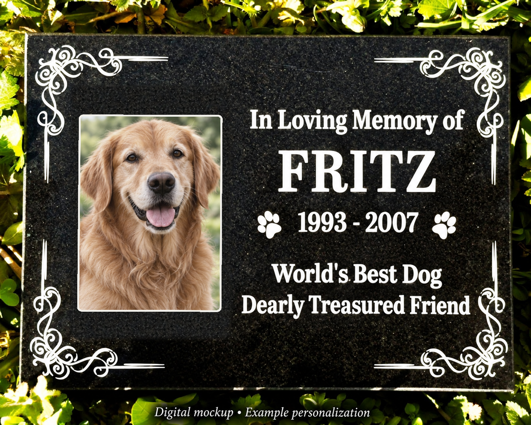 Outdoor Personalized Pet Memorial Plaque In Loving Memory Personalized Outdoor garden marker — kiln-fired rectangular porcelain color photo; digital mockup, example personalization.