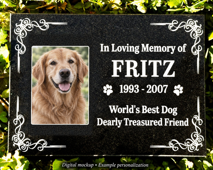 Outdoor Personalized Pet Memorial Plaque In Loving Memory Personalized Outdoor garden marker — kiln-fired rectangular porcelain color photo; digital mockup, example personalization.